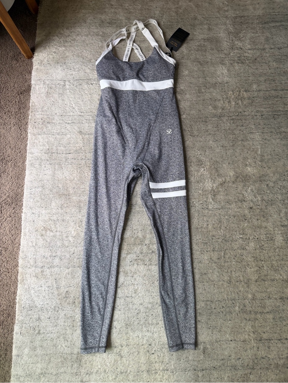TOPISSIMA Gray Athletic Jumpsuit with White Straps and Stripe Detail